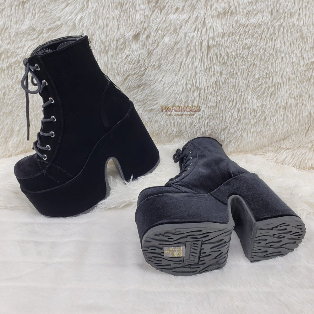 Black Velvet Platform Goth Punk Ankle Boots - Picture 6 of 15